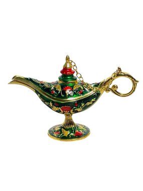 Aladdin Lamp Trinket Box Jewel Tones Enameled over Gold-Tone